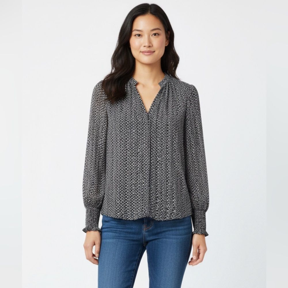 Club Monaco Semi-Sheer Long Sleeve Black White Print Elastic Sleeve Blouse SP